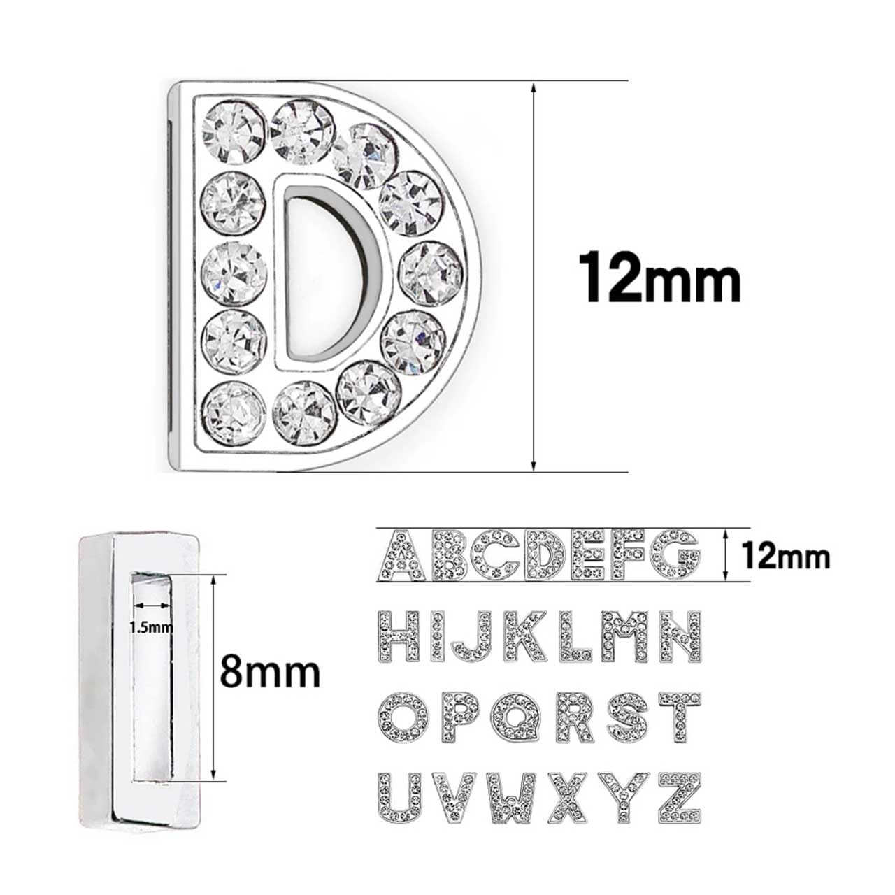 EBISU Design Alphabet Charms, Silver, 0.3 inch (8 mm) Holes, 26 Letters, A-Z DIY, Rhinestone, Zircon Parts, Initials, Accessory Parts, Handmade, Name Tags, Set of 2